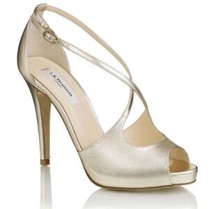 LK Bennett gold leather Flatiron peep toe heels - size 39 (US 8 - 9)